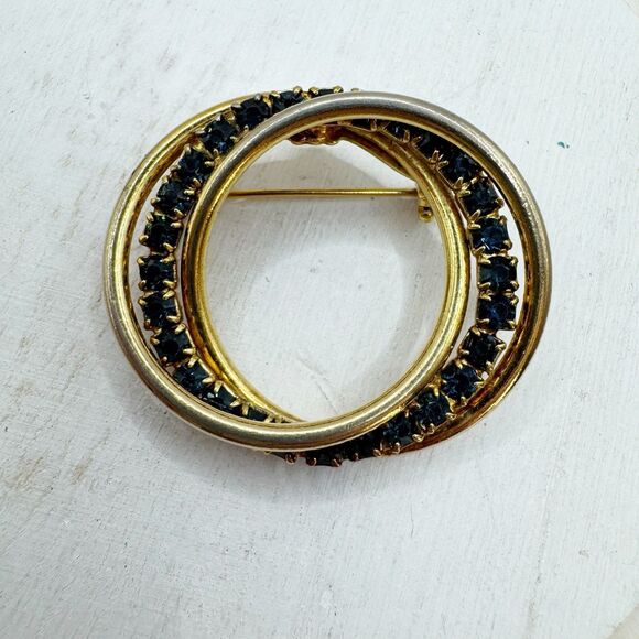Vintage Blue Rhinestone Gold tone  Interlocking Circle Pin Brooch Pin - Picture 3 of 9
